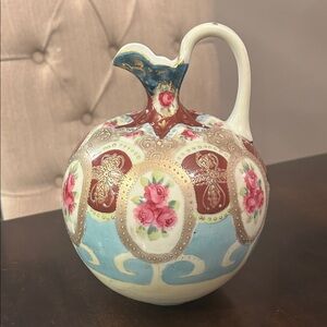 Antique Nippon style porcelain ewer vase with floral accents
